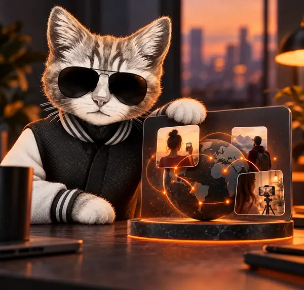 Mascota de gato ilustrada y amigable junto a una tarjeta de demostración del producto