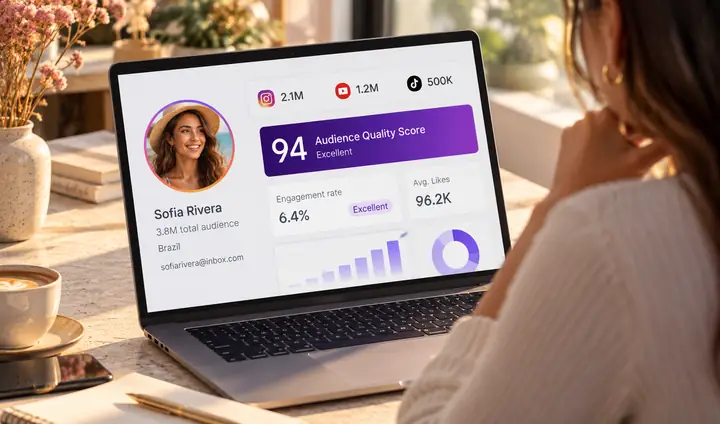 Informe de análisis de influencers que muestra la puntuación de calidad de la audiencia, la tasa de interacción y los datos del perfil del creador