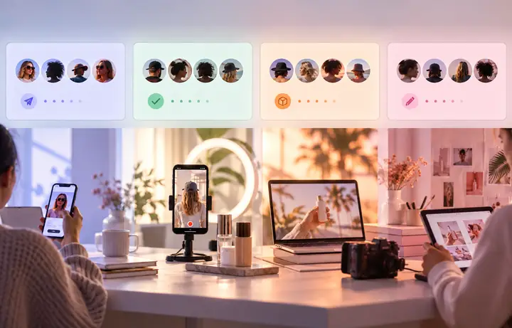 Panel de gestión de campañas de influencers con contenido invitado, aceptado, entregado y en borrador