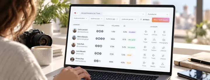 Tabla de descubrimiento de influencers con perfiles de creadores, filtros de plataformas, seguidores y calificaciones de interacción